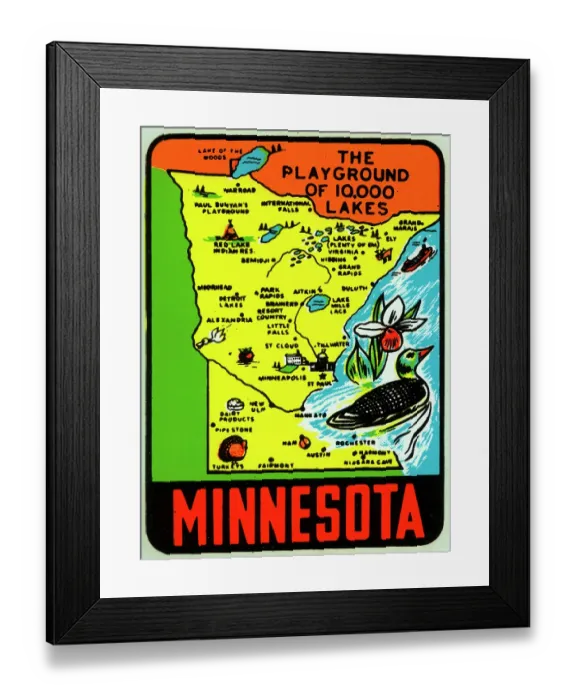 Framed Print : Minnesota. USA - 1962: A decal for Minnesota reads 'The Playground of 10, 000 Lakes' Framed Print : Minnesota. USA - 1962: A decal for Minnesota reads 'The Playground of 10, 000 Lakes'
