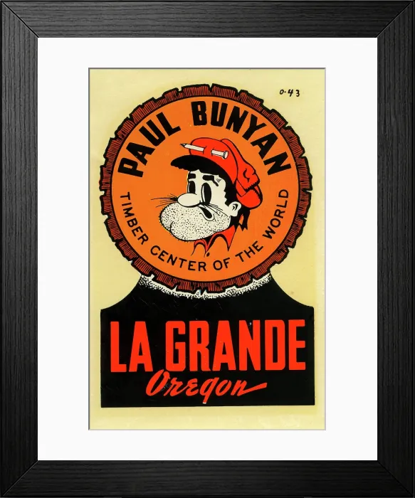 Framed Print : La Grande. USA - 1960: A decal for La Grande in Oregon reads 'Paul Bunyan