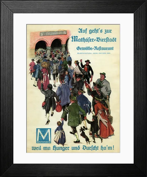 Framed Print : Mathaser. GERMANY - 1959: A menu for Mathaser reads 'Auf geht's zur...' Framed Print : Mathaser. GERMANY - 1959: A menu for Mathaser reads 'Auf geht's zur...'
