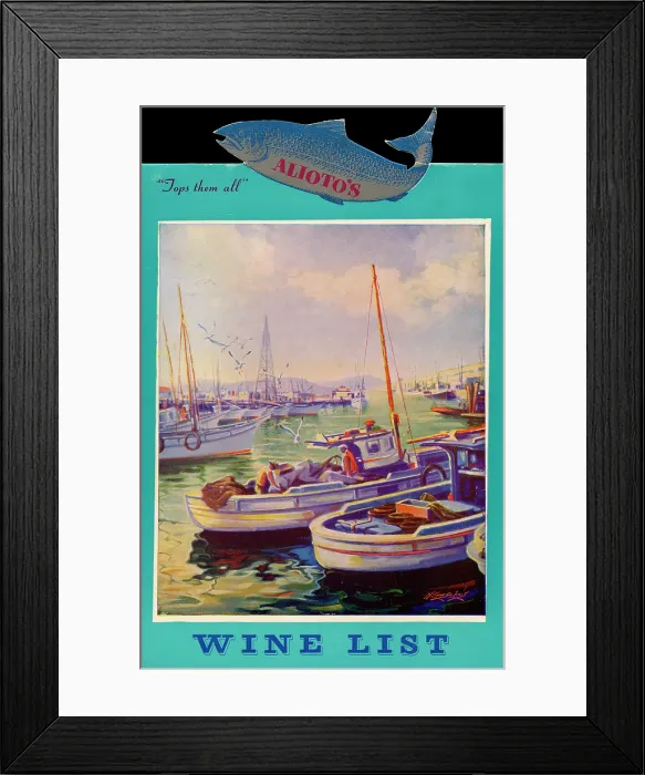 Framed Print : Alioto's. USA - 1957: A menu for Alioto's reads 'Alioto's Wine List' from 1957 in USA Framed Print : Alioto's. USA - 1957: A menu for Alioto's reads 'Alioto's Wine List' from 1957 in USA