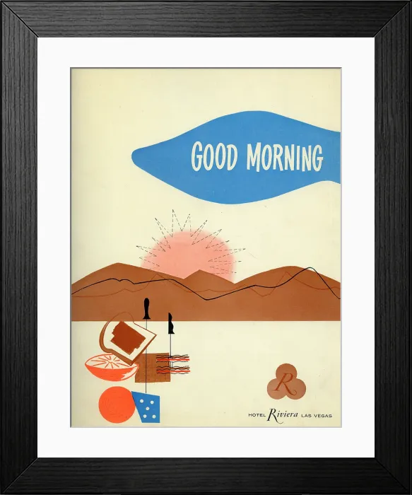 Framed Print : Riviera. USA - 1956: A menu for Riviera reads 'Riviera, Good Morning' from 1956 in USA Framed Print : Riviera. USA - 1956: A menu for Riviera reads 'Riviera, Good Morning' from 1956 in USA