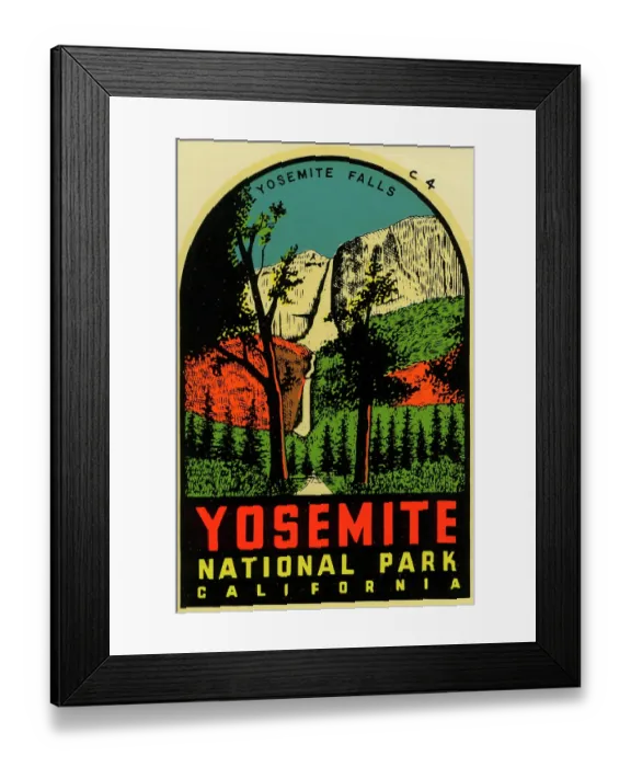 Framed Print : Yosemite. USA - 1955: A decal for the Yosemite Falls in Yosemite National Park, California Framed Print : Yosemite. USA - 1955: A decal for the Yosemite Falls in Yosemite National Park, California