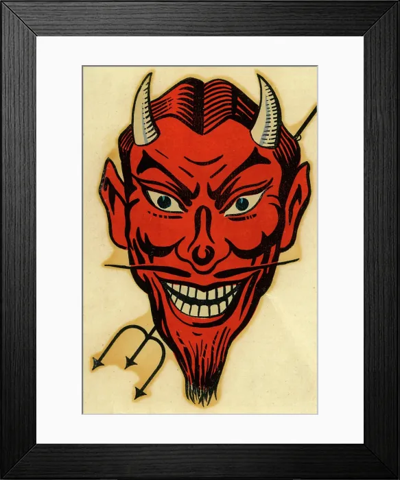 Framed Print : Red Demon. USA - 1955: A decal of a red demon from 1955 in USA Framed Print : Red Demon. USA - 1955: A decal of a red demon from 1955 in USA