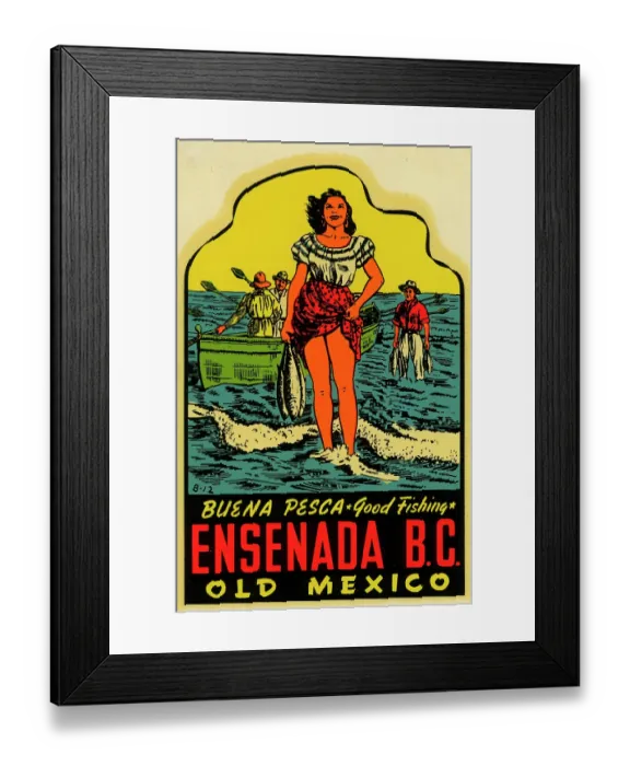 Framed Print : Ensenada. USA - 1954: A decal for Ensenada reads 'Buena Pesca, Good Fishing, Ensenada B.C Framed Print : Ensenada. USA - 1954: A decal for Ensenada reads 'Buena Pesca, Good Fishing, Ensenada B.C