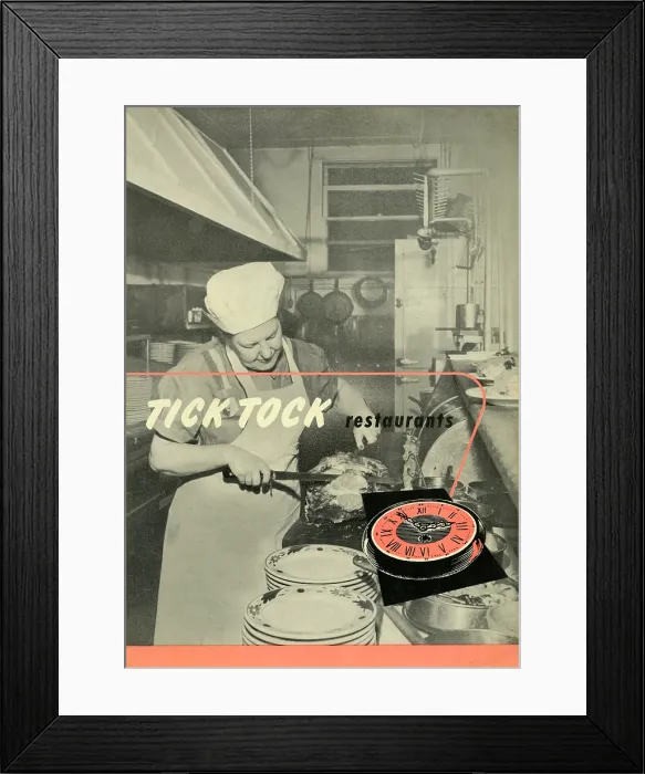 Framed Print : Tick Tock. USA - 1954: A menu for Tick Tock reads 'Tick Tock Restaurants' from 1954 in USA Framed Print : Tick Tock. USA - 1954: A menu for Tick Tock reads 'Tick Tock Restaurants' from 1954 in USA
