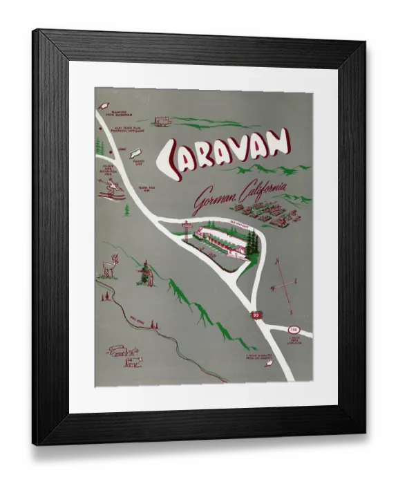 Framed Print : Caravan. USA - 1952: A menu for Caravan reads 'Caravan Gorman California' from 1952 in USA Framed Print : Caravan. USA - 1952: A menu for Caravan reads 'Caravan Gorman California' from 1952 in USA