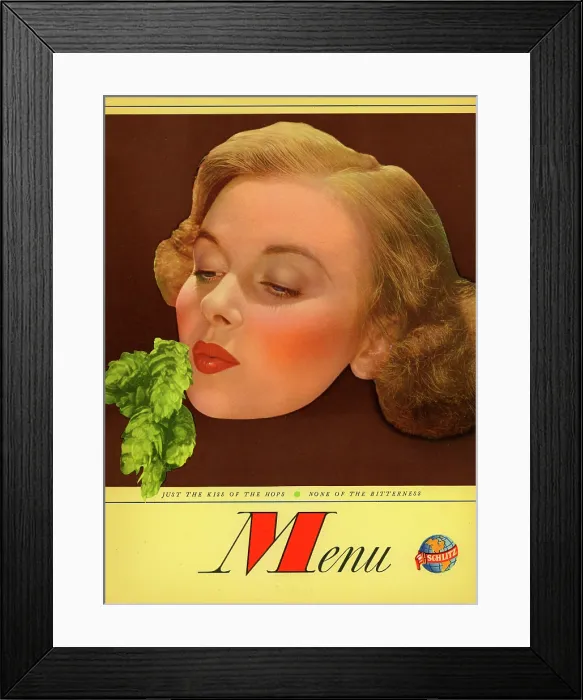Framed Print : Schlitz. USA - 1951: A menu for Schlitz reads 'Menu' from 1951 in USA Framed Print : Schlitz. USA - 1951: A menu for Schlitz reads 'Menu' from 1951 in USA