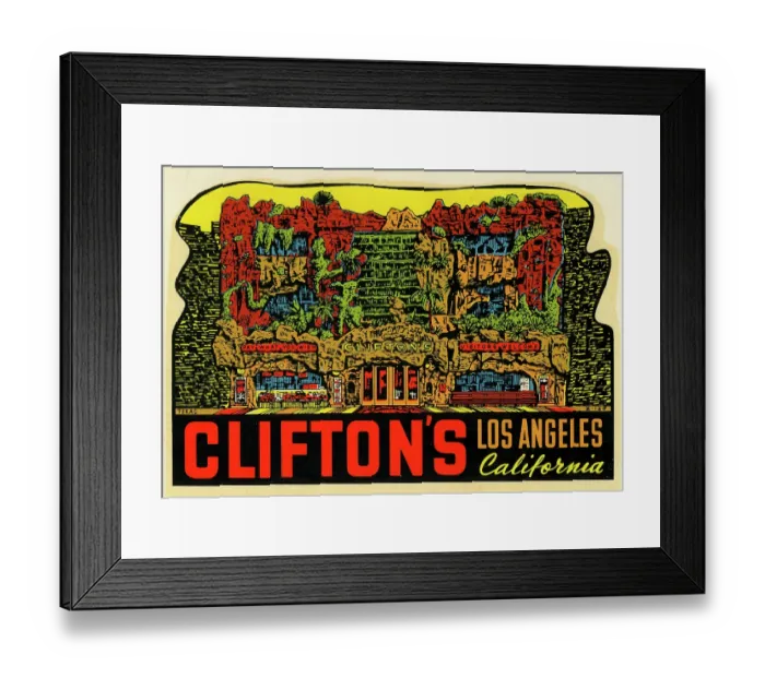 Framed Print : Clifton's. USA - 1948: A decal for Clifton's in Los Angeles, California from 1948 in USA Framed Print : Clifton's. USA - 1948: A decal for Clifton's in Los Angeles, California from 1948 in USA