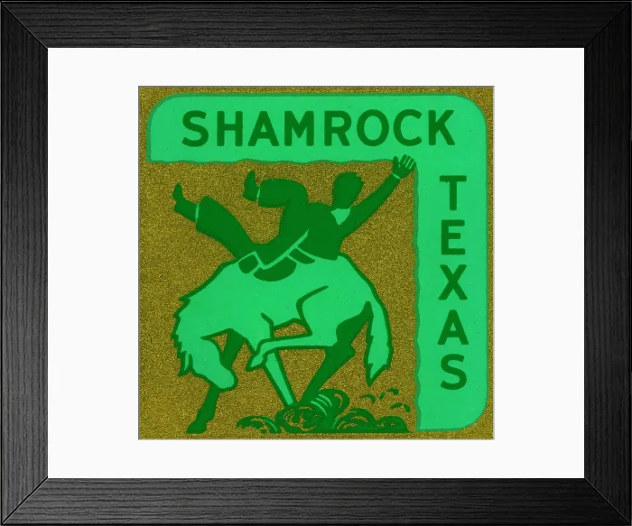 Framed Print : Shamrock. USA - 1948: A decal of a man riding a horse for Shamrock, Texas from 1948 in USA