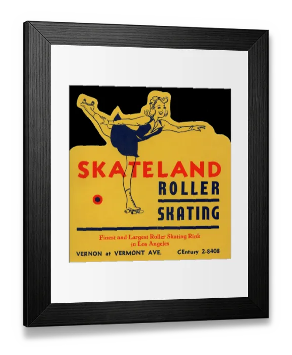Framed Print : Skateland. USA - 1945: A decal for Skateland roller skating in Los Angeles reads 'Finest Framed Print : Skateland. USA - 1945: A decal for Skateland roller skating in Los Angeles reads 'Finest