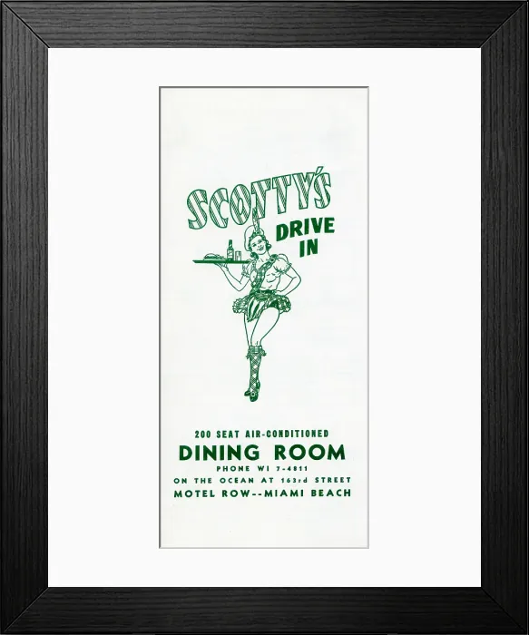 Framed Print : Scotty's. USA - 1943: A menu for Scotty's reads 'Scotty's Drive In' from 1943 in USA Framed Print : Scotty's. USA - 1943: A menu for Scotty's reads 'Scotty's Drive In' from 1943 in USA