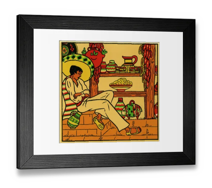 Framed Print : Sombrero. USA - 1942: A decal of a man sleeping while wearing a sombrero from 1942 in USA Framed Print : Sombrero. USA - 1942: A decal of a man sleeping while wearing a sombrero from 1942 in USA