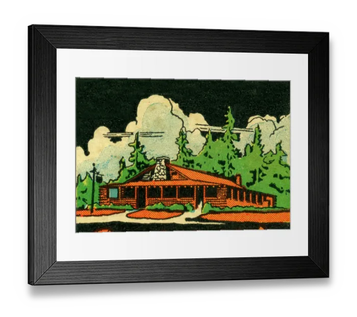Framed Print : Log cabin. Matchbook image of large log cabin surrounded by evergreen trees Framed Print : Log cabin. Matchbook image of large log cabin surrounded by evergreen trees