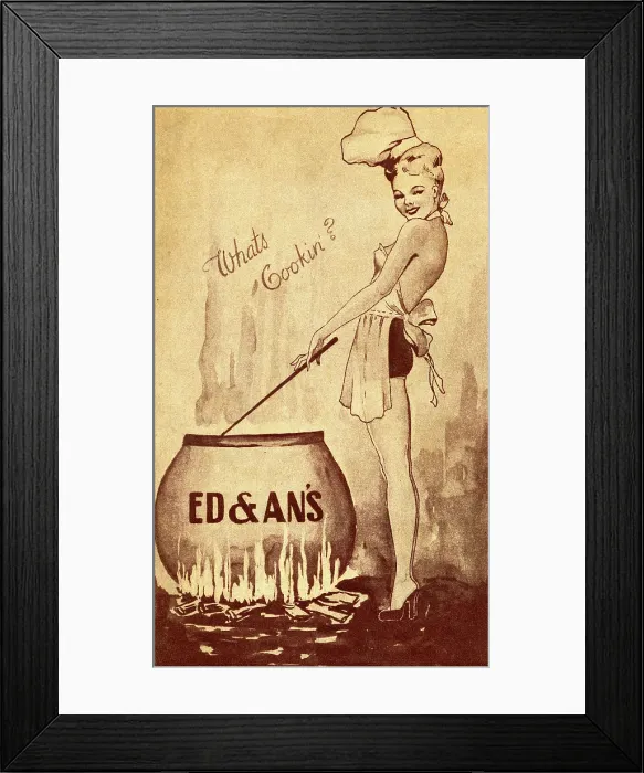 Framed Print : Ed & An's. USA - 1940: A menu for Ed and An's reads 'What's Cookin? Ed and An's' Framed Print : Ed & An's. USA - 1940: A menu for Ed and An's reads 'What's Cookin? Ed and An's'