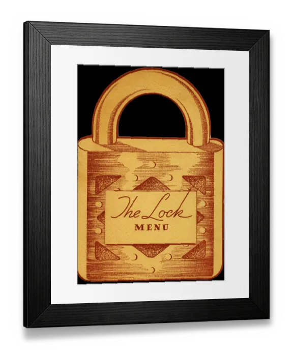 Framed Print : Lock, The. USA - 1939: A menu for The Lock reads 'The Lock Menu' from 1939 in USA Framed Print : Lock, The. USA - 1939: A menu for The Lock reads 'The Lock Menu' from 1939 in USA