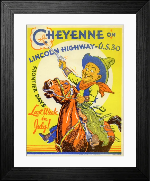 Framed Print : Cheyenne. USA - 1938: A decal for Cheyenne reads 'Cheyenne on Lincoln Highway - U.S Framed Print : Cheyenne. USA - 1938: A decal for Cheyenne reads 'Cheyenne on Lincoln Highway - U.S