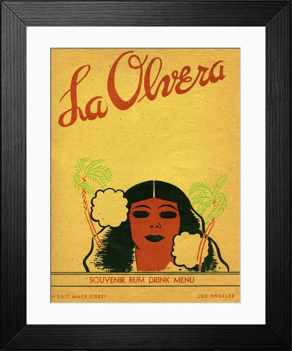Framed Print : La Olvera. USA - 1938: A menu for La Olvera reads 'La Olvera Souvenir Rum Drink Menu' Framed Print : La Olvera. USA - 1938: A menu for La Olvera reads 'La Olvera Souvenir Rum Drink Menu'