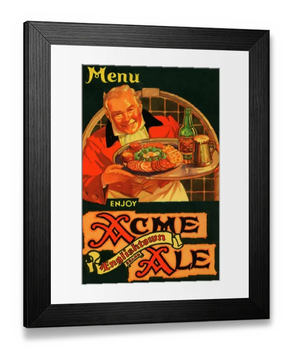 Framed Print : Acme Ale. USA - 1938: A menu for Acme Ale reads 'Enjoy Acme Ale Englishtown Brand'