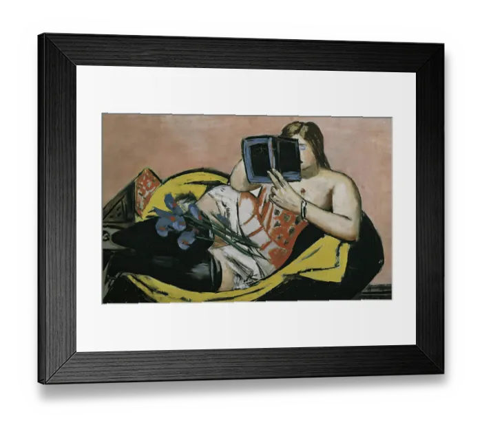 Framed Print : Lying Woman With Book And Irises Framed Print : Lying Woman With Book And Irises