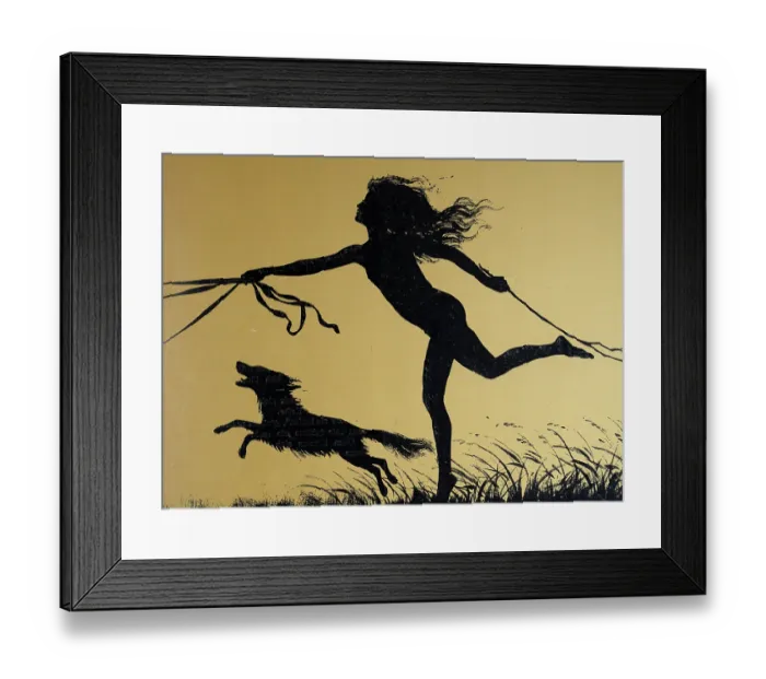 Framed Print : Silhouette of a carefree young woman and her dog, Art Nouveau, Jugendstil, Vintage illustration, 1890s, 19th Century Framed Print : Silhouette of a carefree young woman and her dog, Art Nouveau, Jugendstil, Vintage illustration, 1890s, 19th Century