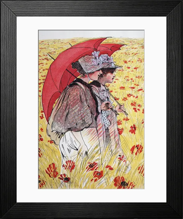 Framed Print : Young women with red parasol walking in field of poppies on a summers day, Vintage illustration, Art Nouveau, Jugendstil, German, 1890s 19th Century Framed Print : Young women with red parasol walking in field of poppies on a summers day, Vintage illustration, Art Nouveau, Jugendstil, German, 1890s 19th Century