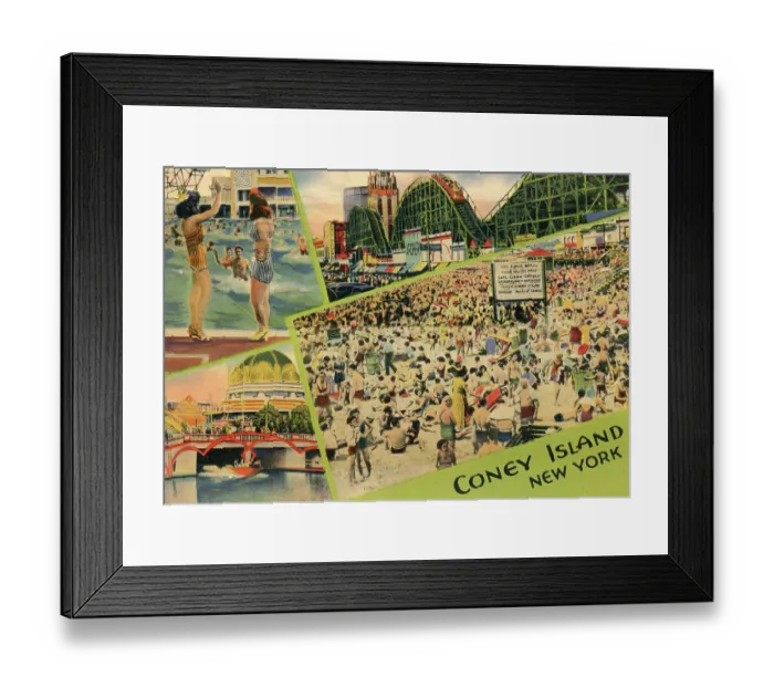 Framed Print : Vintage souvenir postcard, Crowds at Coney Island Beach and Boardwalk, Brooklyn, New York City, 1944 Framed Print : Vintage souvenir postcard, Crowds at Coney Island Beach and Boardwalk, Brooklyn, New York City, 1944