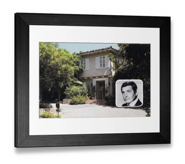 Framed Print : Vintage souvenir postcard of Gene Barry's Hollywood Home, Fabulous Homes of Television and Movie Stars series, ca 1980