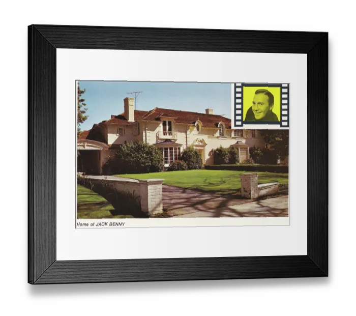 Framed Print : Vintage souvenir postcard of Jack Benny's Hollywood Home, Homes of the Stars series, 1977 Framed Print : Vintage souvenir postcard of Jack Benny's Hollywood Home, Homes of the Stars series, 1977