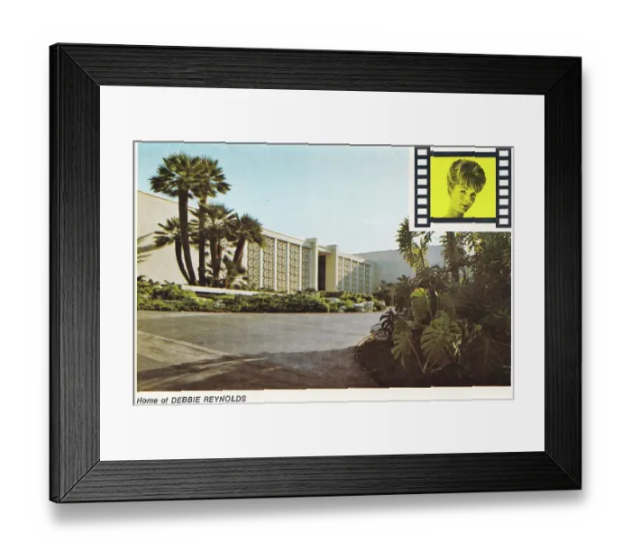 Framed Print : Vintage souvenir postcard of Debbie Reynolds Hollywood Home, Homes of the Stars series, 1977 Framed Print : Vintage souvenir postcard of Debbie Reynolds Hollywood Home, Homes of the Stars series, 1977