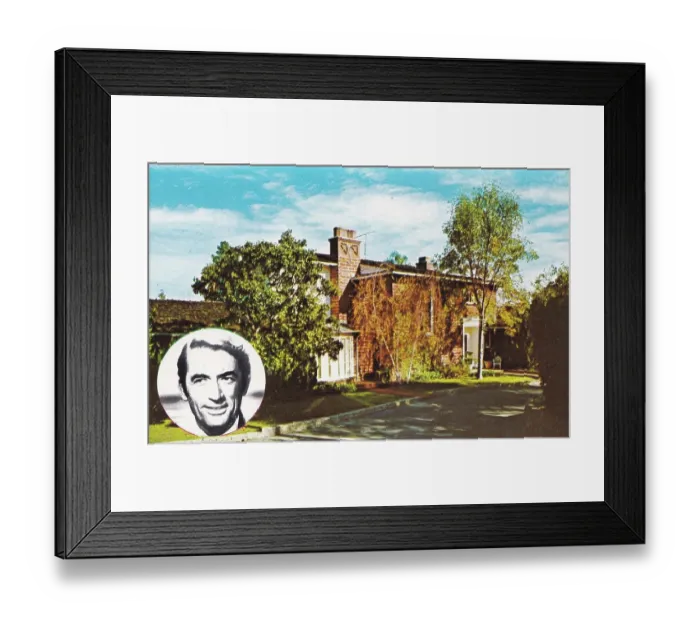 Framed Print : Vintage souvenir postcard, Gregory Peck's Estate, Fabulous Homes of the Stars series, ca 1976 Framed Print : Vintage souvenir postcard, Gregory Peck's Estate, Fabulous Homes of the Stars series, ca 1976