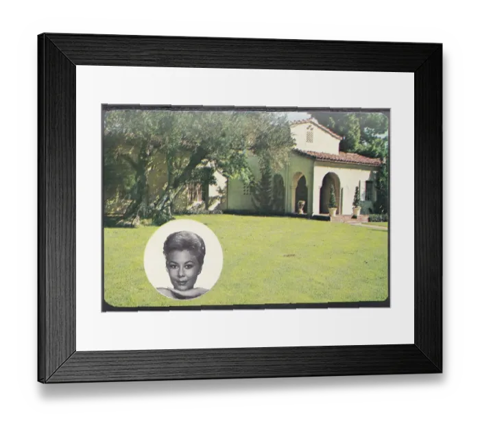 Framed Print : Vintage souvenir postcard, Mitzi Gaynor's Home, Movie and Television Star Homes series, 1969 Framed Print : Vintage souvenir postcard, Mitzi Gaynor's Home, Movie and Television Star Homes series, 1969