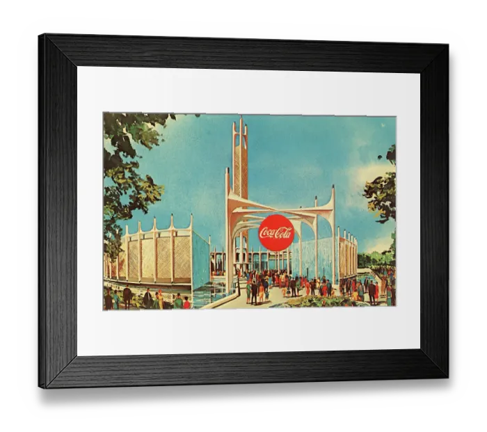 Framed Print : Vintage souvenir postcard, Coca Cola Pavilion, World's Fair, New York City, 1964 Framed Print : Vintage souvenir postcard, Coca Cola Pavilion, World's Fair, New York City, 1964