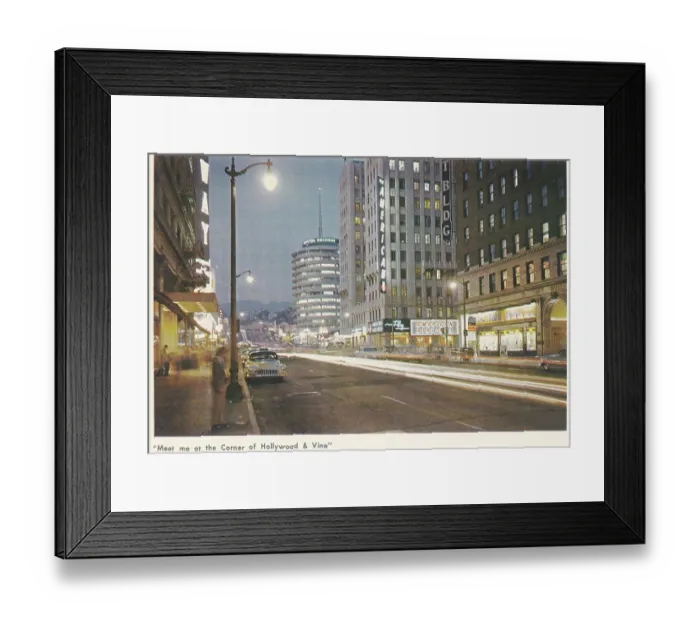 Framed Print : Vintage souvenir postcard, Corners of Hollywood and Vine, Greetings from Hollywood series, ca 1961 Framed Print : Vintage souvenir postcard, Corners of Hollywood and Vine, Greetings from Hollywood series, ca 1961