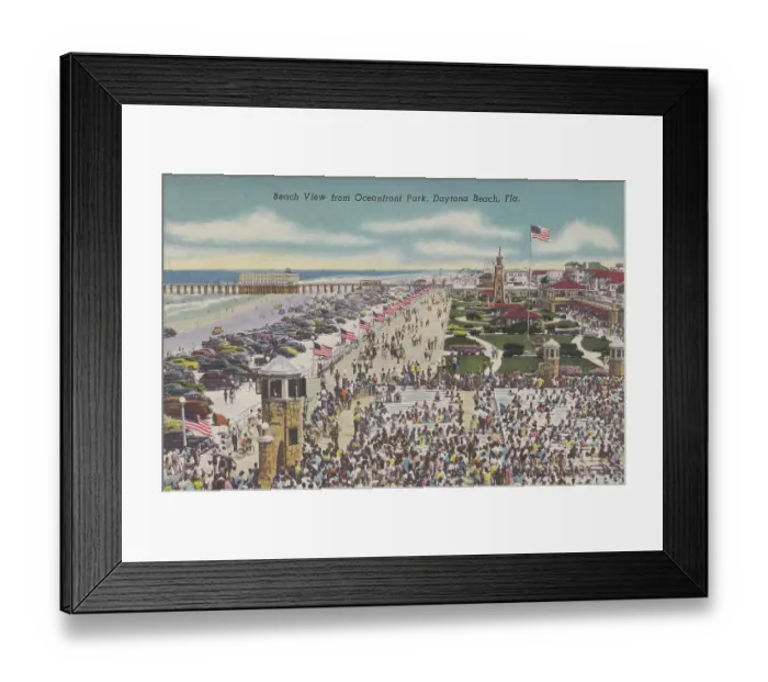 Framed Print : Vintage souvenir postcard, Daytona Beach, Florida, Florida's Holiday Highways series, 1958 Framed Print : Vintage souvenir postcard, Daytona Beach, Florida, Florida's Holiday Highways series, 1958