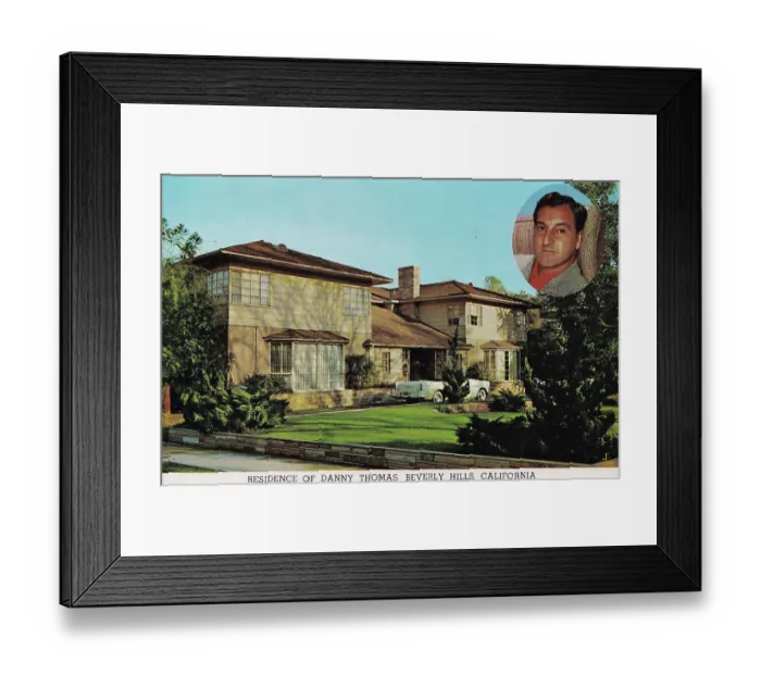 Framed Print : Vintage souvenir postcard, Home of Danny Thomas, Movie Star Homes series, 1958 Framed Print : Vintage souvenir postcard, Home of Danny Thomas, Movie Star Homes series, 1958