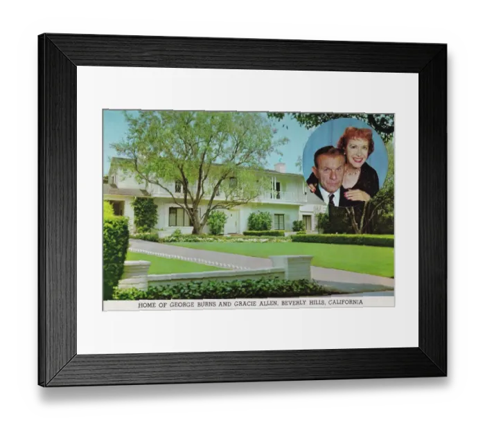 Framed Print : Vintage souvenir postcard, Home of George Burns and Gracie Allen, Movie Star Homes series, 1958