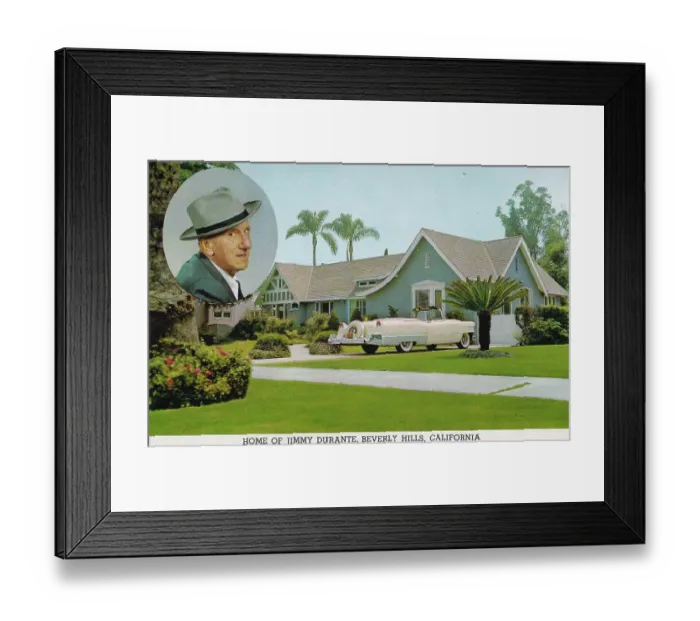 Framed Print : Vintage souvenir postcard, Home of Jimmy Durante, Movie Star Homes series, 1958