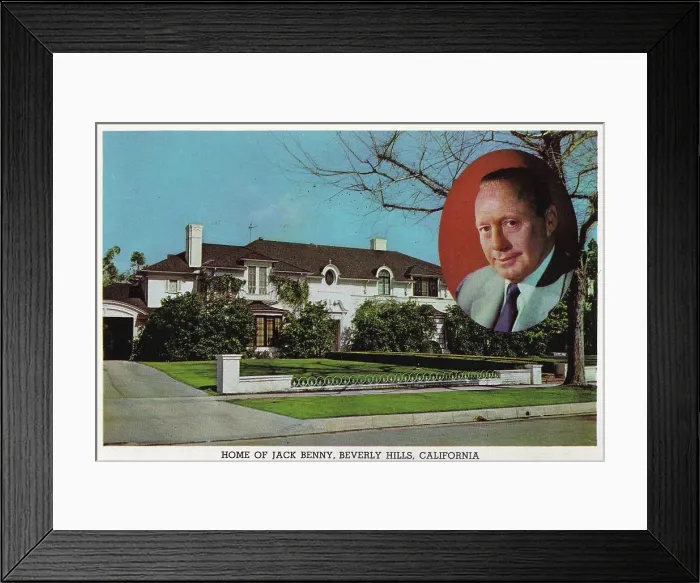 Framed Print : Vintage souvenir postcard, Home of Jack Benny, Movie Star Homes series, 1958 Framed Print : Vintage souvenir postcard, Home of Jack Benny, Movie Star Homes series, 1958