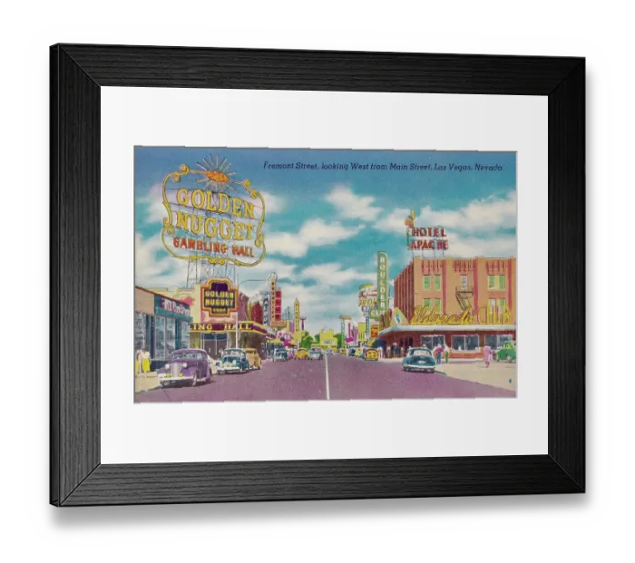 Framed Print : Vintage souvenir postcard, Fremont Street, Greetings from Las Vegas series, 1951 Framed Print : Vintage souvenir postcard, Fremont Street, Greetings from Las Vegas series, 1951