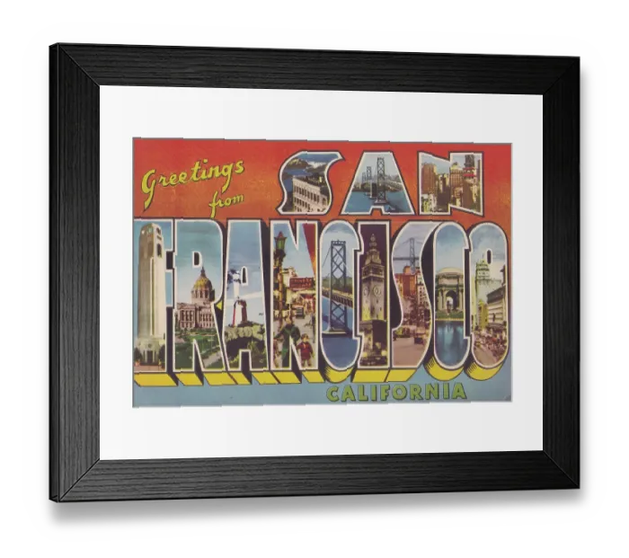 Framed Print : Vintage souvenir postcard, Greetings from San Francisco, California, ca 1945 Framed Print : Vintage souvenir postcard, Greetings from San Francisco, California, ca 1945