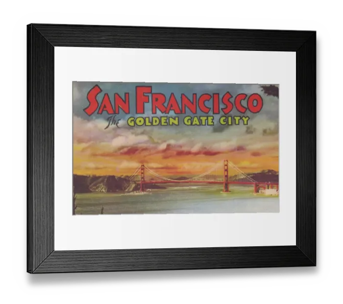 Framed Print : Vintage souvenir postcard, San Francisco Golden Gate Bridge, ca 1945 Framed Print : Vintage souvenir postcard, San Francisco Golden Gate Bridge, ca 1945