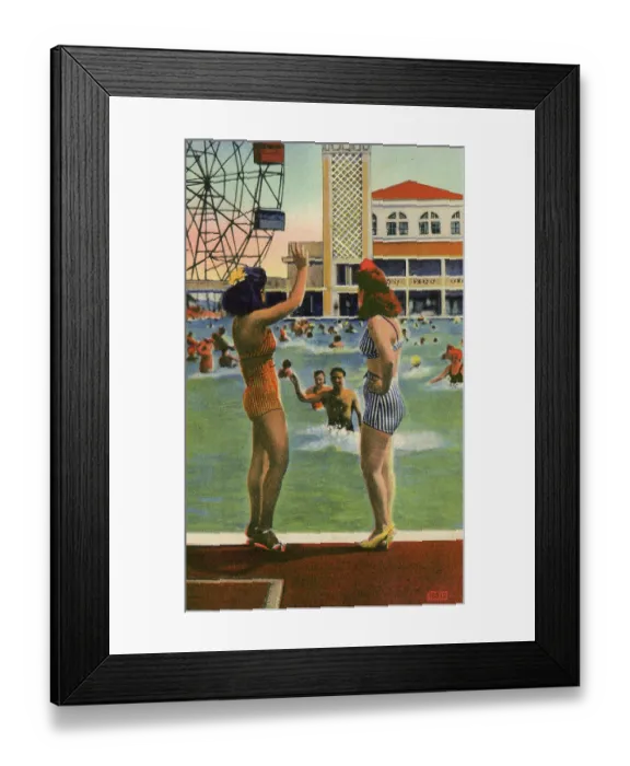 Framed Print : Vintage souvenir postcard, Bathing Beauties, Coney Island Beach and Boardwalk, Brooklyn, New York City, 1944 Framed Print : Vintage souvenir postcard, Bathing Beauties, Coney Island Beach and Boardwalk, Brooklyn, New York City, 1944