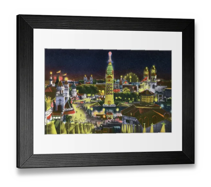 Framed Print : Vintage souvenir postcard, Luna Park at Night, Coney Island Beach and Boardwalk, Brooklyn, New York City, 1944 Framed Print : Vintage souvenir postcard, Luna Park at Night, Coney Island Beach and Boardwalk, Brooklyn, New York City, 1944