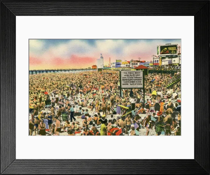 Framed Print : Vintage souvenir postcard, Crowds at Coney Island Beach and Boardwalk, Brooklyn, New York City, 1944 Framed Print : Vintage souvenir postcard, Crowds at Coney Island Beach and Boardwalk, Brooklyn, New York City, 1944