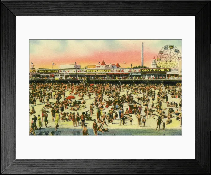 Framed Print : Vintage souvenir postcard, Crowds at Coney Island Beach and Boardwalk, Brooklyn, New York City, 1944 Framed Print : Vintage souvenir postcard, Crowds at Coney Island Beach and Boardwalk, Brooklyn, New York City, 1944