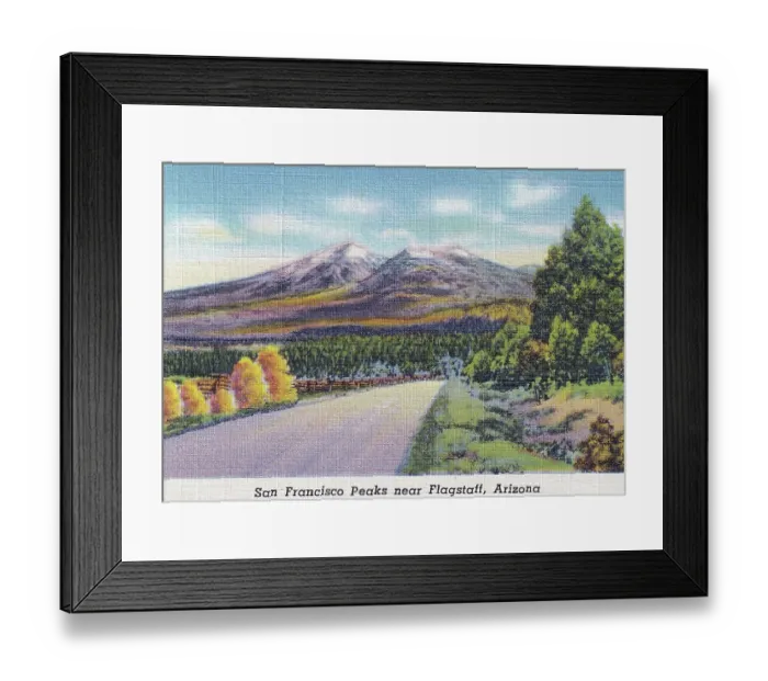 Framed Print : Vintage souvenir postcard, San Francisco Peaks, Arizona, ca 1943