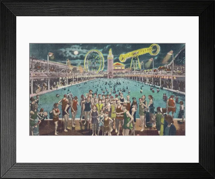 Framed Print : Vintage souvenir postcard, Coney Island, Steeplechase Pool, Brooklyn, New York City, ca 1942 Framed Print : Vintage souvenir postcard, Coney Island, Steeplechase Pool, Brooklyn, New York City, ca 1942
