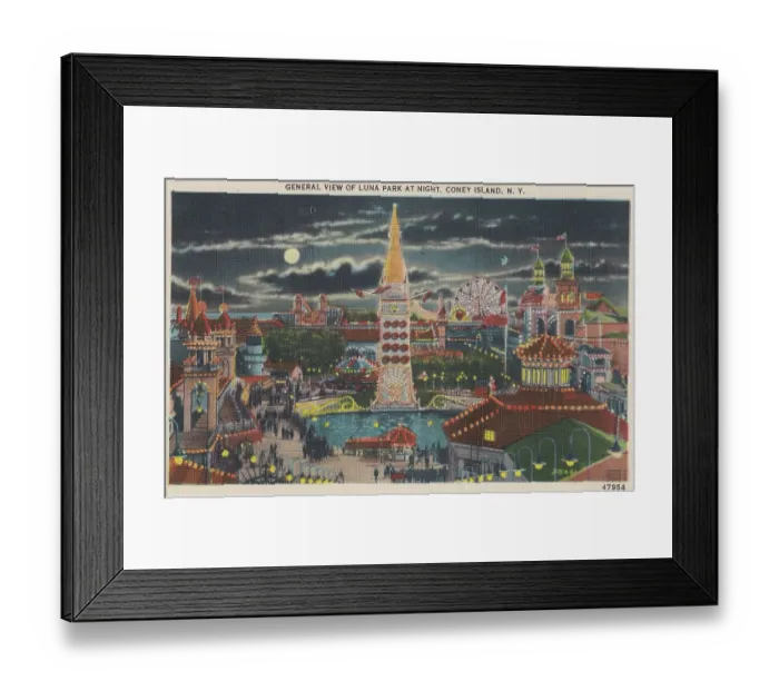 Framed Print : Vintage souvenir postcard, Luna Park, Coney Island, Brooklyn, New York City, ca 1942 Framed Print : Vintage souvenir postcard, Luna Park, Coney Island, Brooklyn, New York City, ca 1942