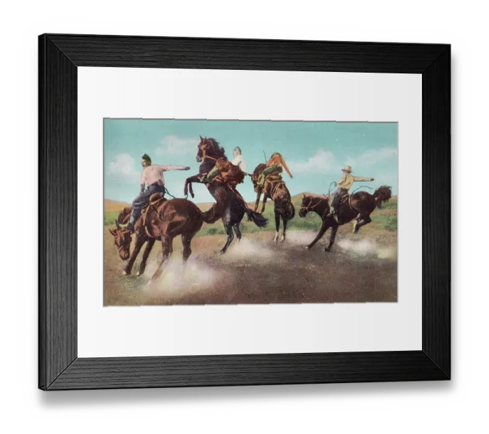 Framed Print : Vintage souvenir postcard, Bucking Broncos, Cowboy and Indian Life of the Great West series, ca 1942 Framed Print : Vintage souvenir postcard, Bucking Broncos, Cowboy and Indian Life of the Great West series, ca 1942
