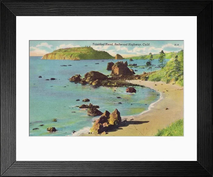 Framed Print : Vintage souvenir postcard, Trinidad Head, Greetings from the Redwood Highway series, ca 1942 Framed Print : Vintage souvenir postcard, Trinidad Head, Greetings from the Redwood Highway series, ca 1942